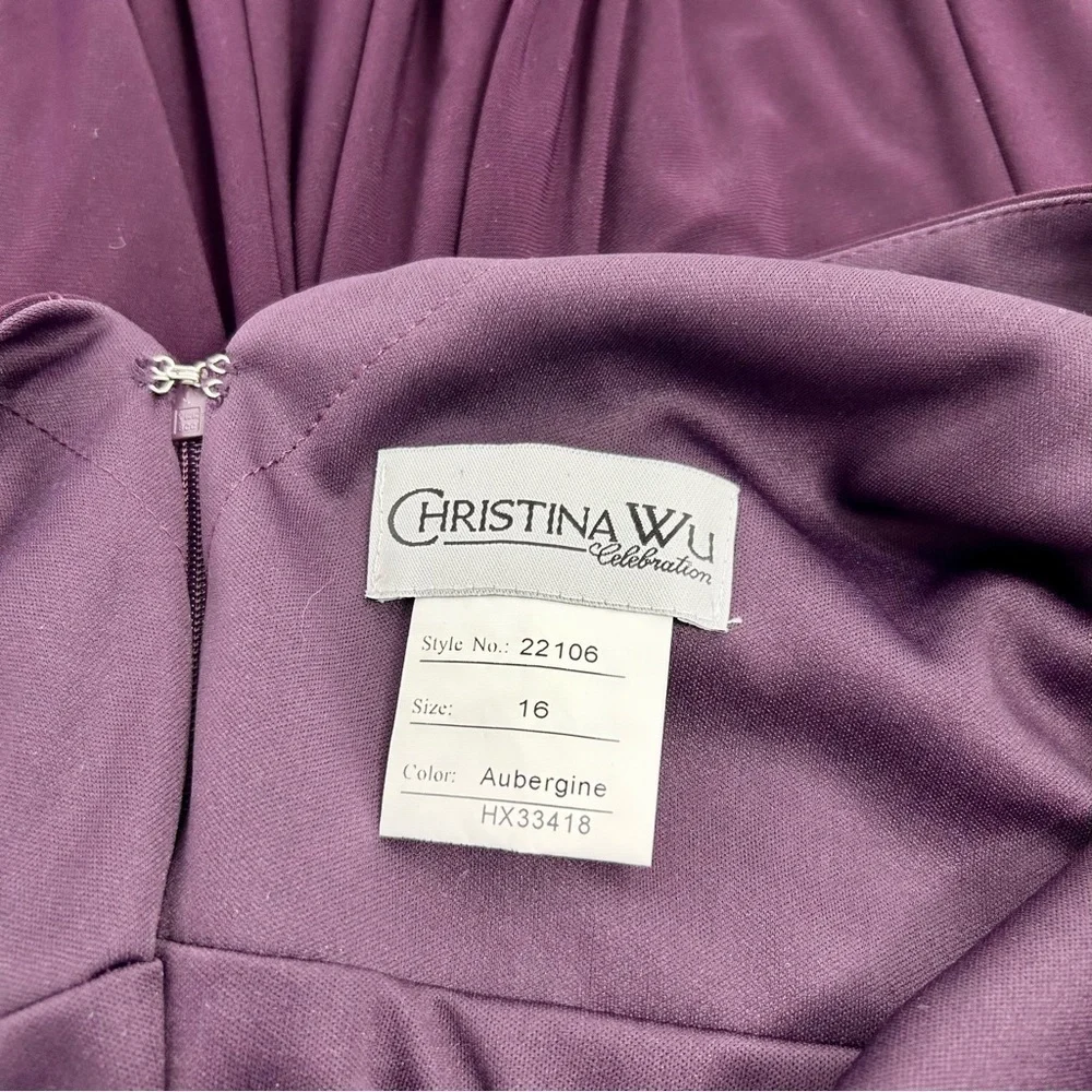 Christina Wu Jersey Purple Burgundy‎ Long Sleeve Maxi Formal Dress 22106 Sz 16 - Picture 4 of 6